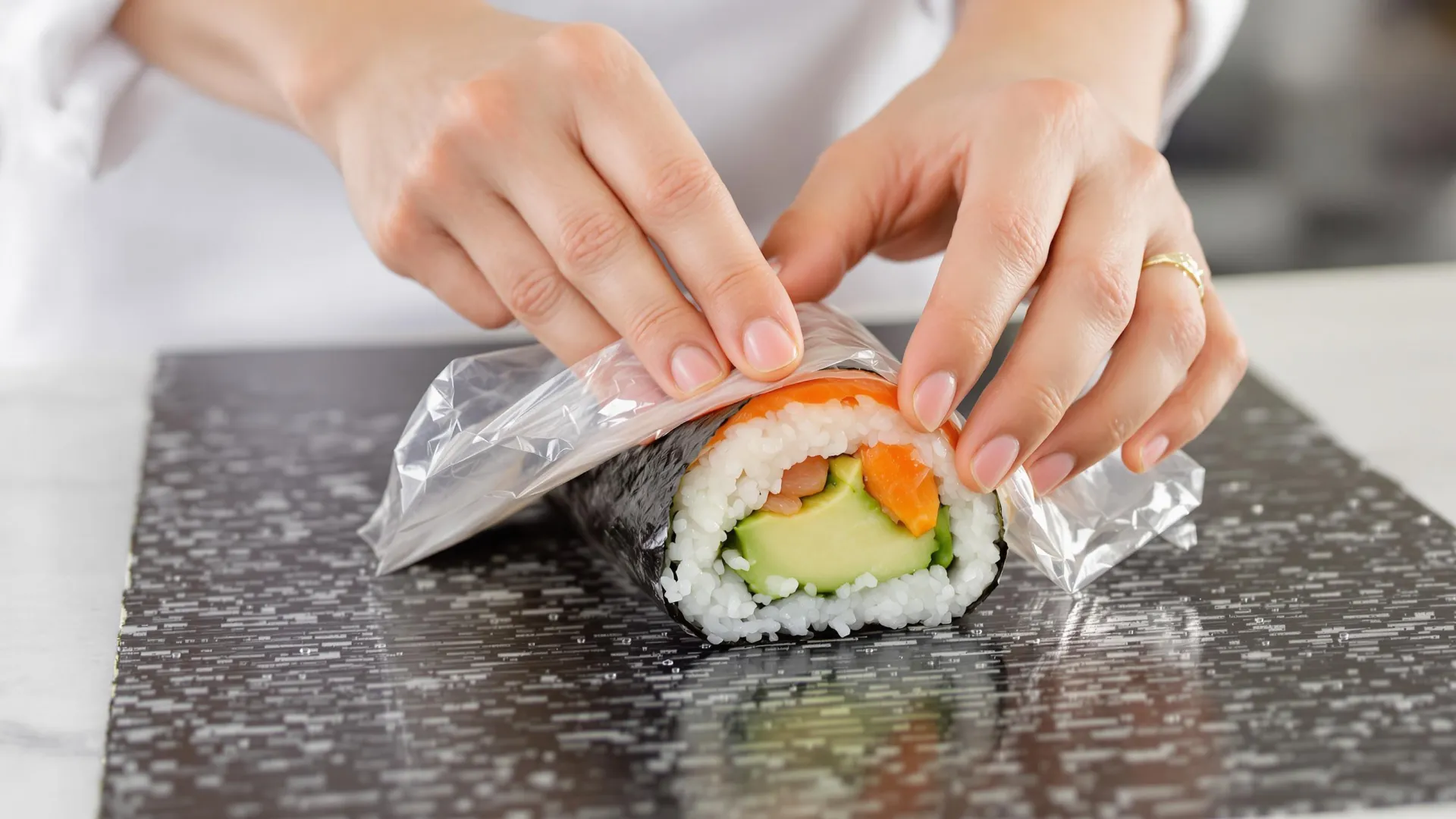 Technique en gros plan du roulage de sushis