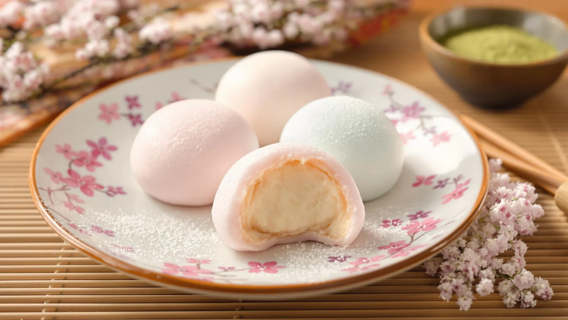 Mochi dans une assiette avec des fleurs de cerisier.