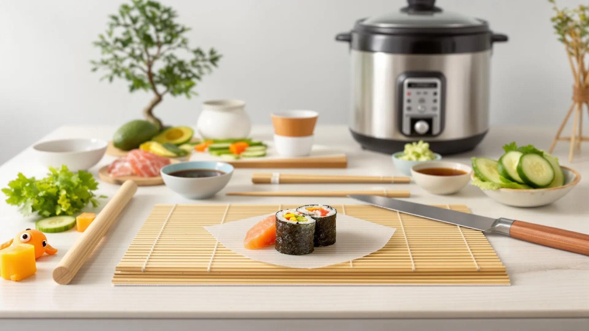 Natte à sushi, couteau de découpe et cuiseur à riz pour débuter