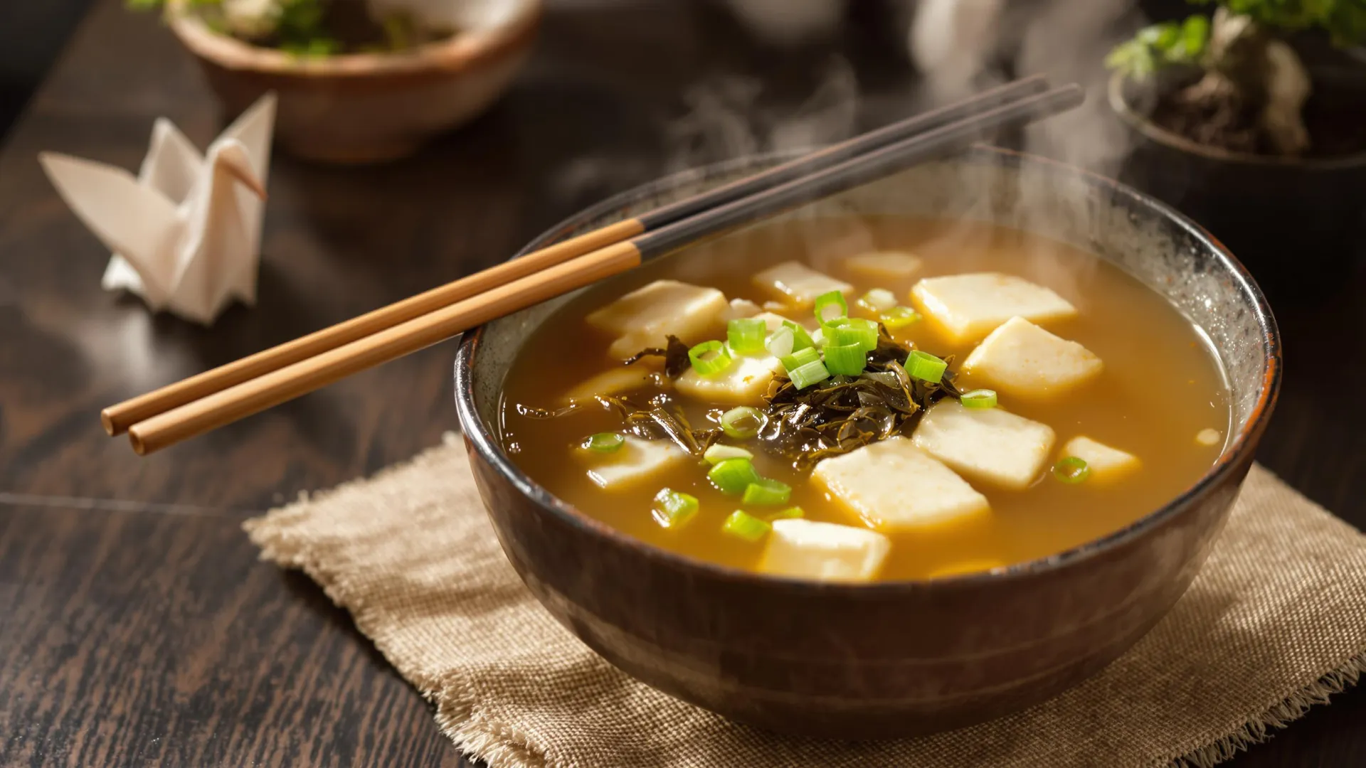 Un bol de soupe miso avec des baguettes