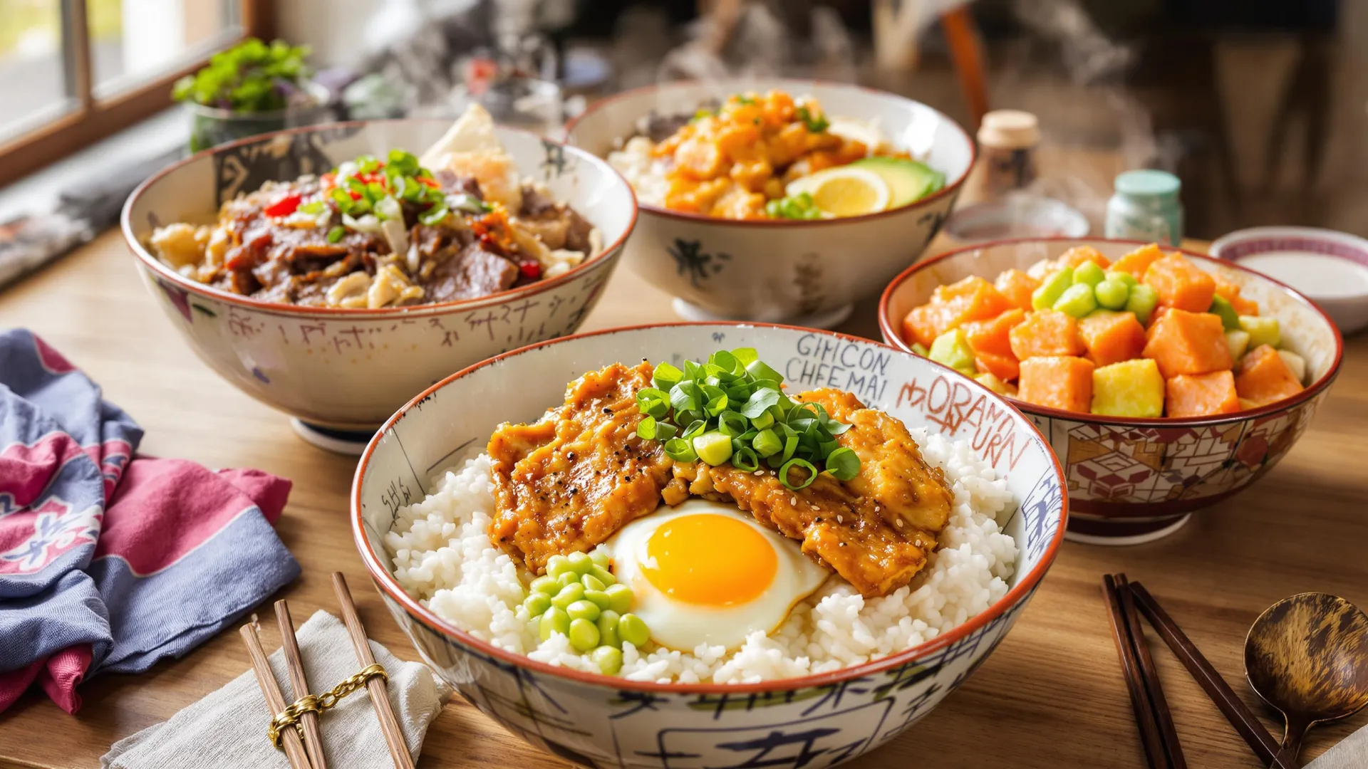 Bols présentant plusieurs recettes différentes de Donburi