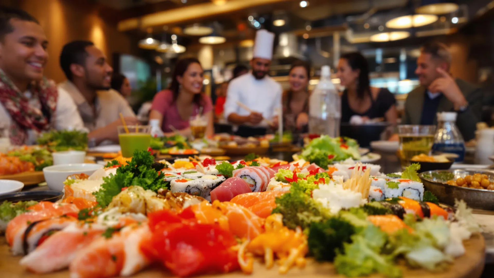 Groupe d'amis dans un restaurant japonais avec des sushis sur la table