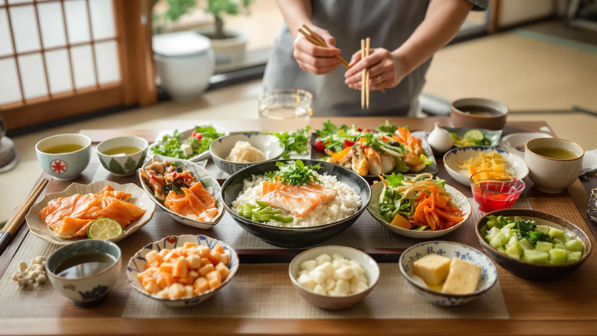 Une table remplie de plats japonais traditionnels