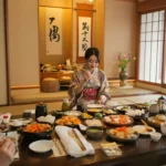 Japonais en tenues traditionnelles autour d'une table en train de manger