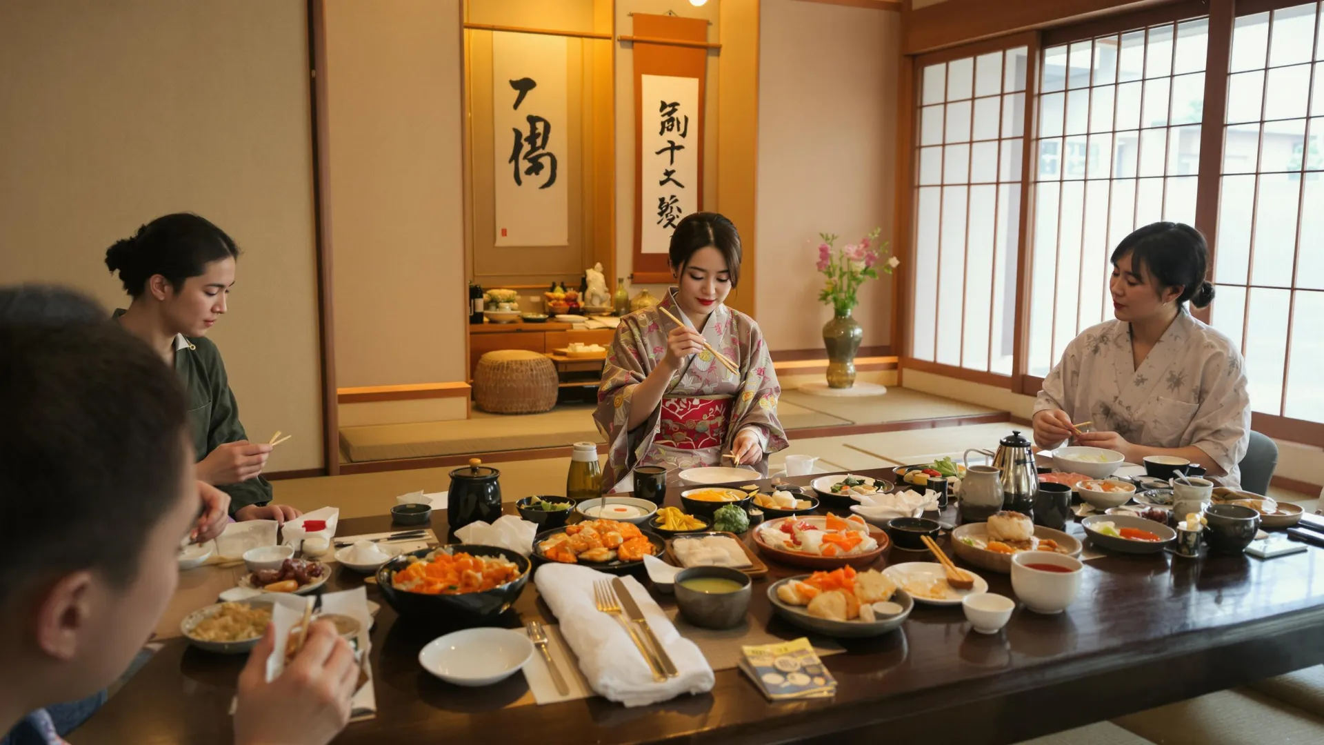 Japonais en tenues traditionnelles autour d'une table en train de manger