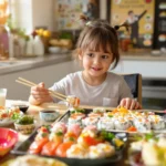 Une petite fille qui mange des sushis à la maison