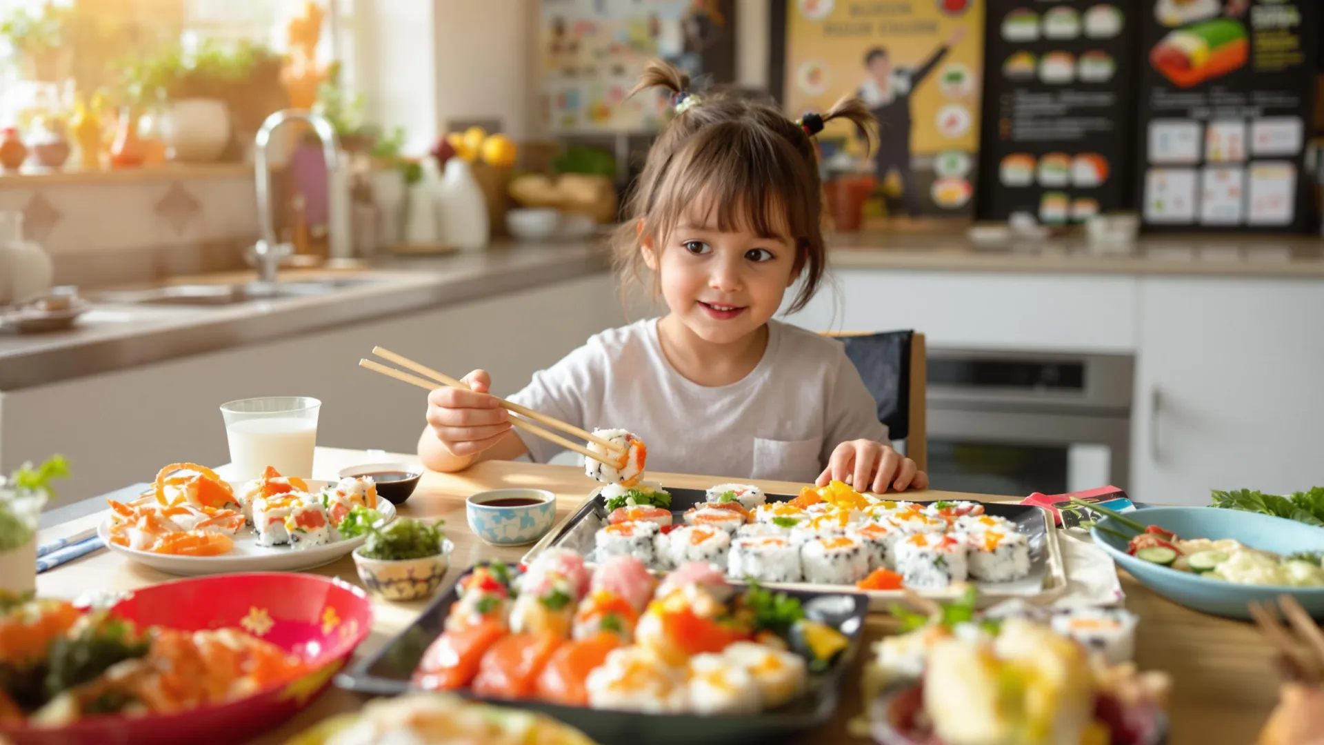 Une petite fille qui mange des sushis à la maison