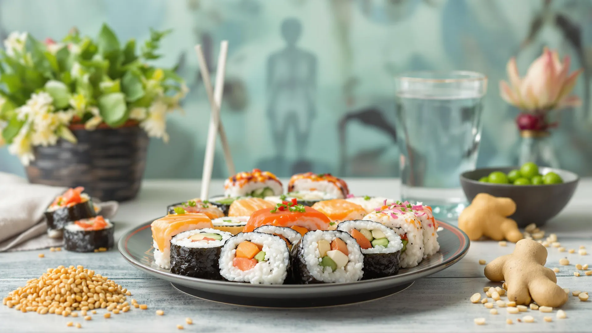 Assiette de sushis avec du riz blanc