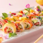 Une assiette de makis sucrés très colorés avec des fleurs comestibles