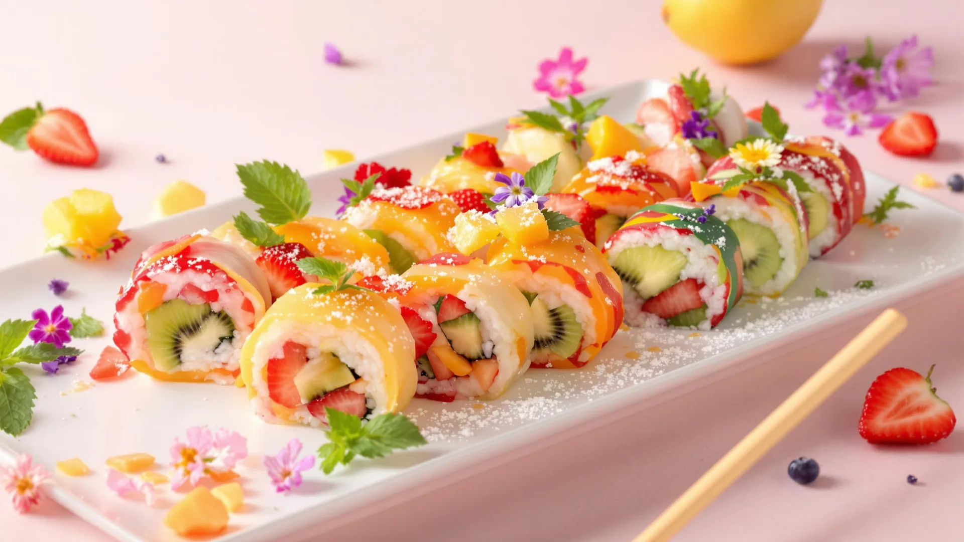 Une assiette de makis sucrés très colorés avec des fleurs comestibles